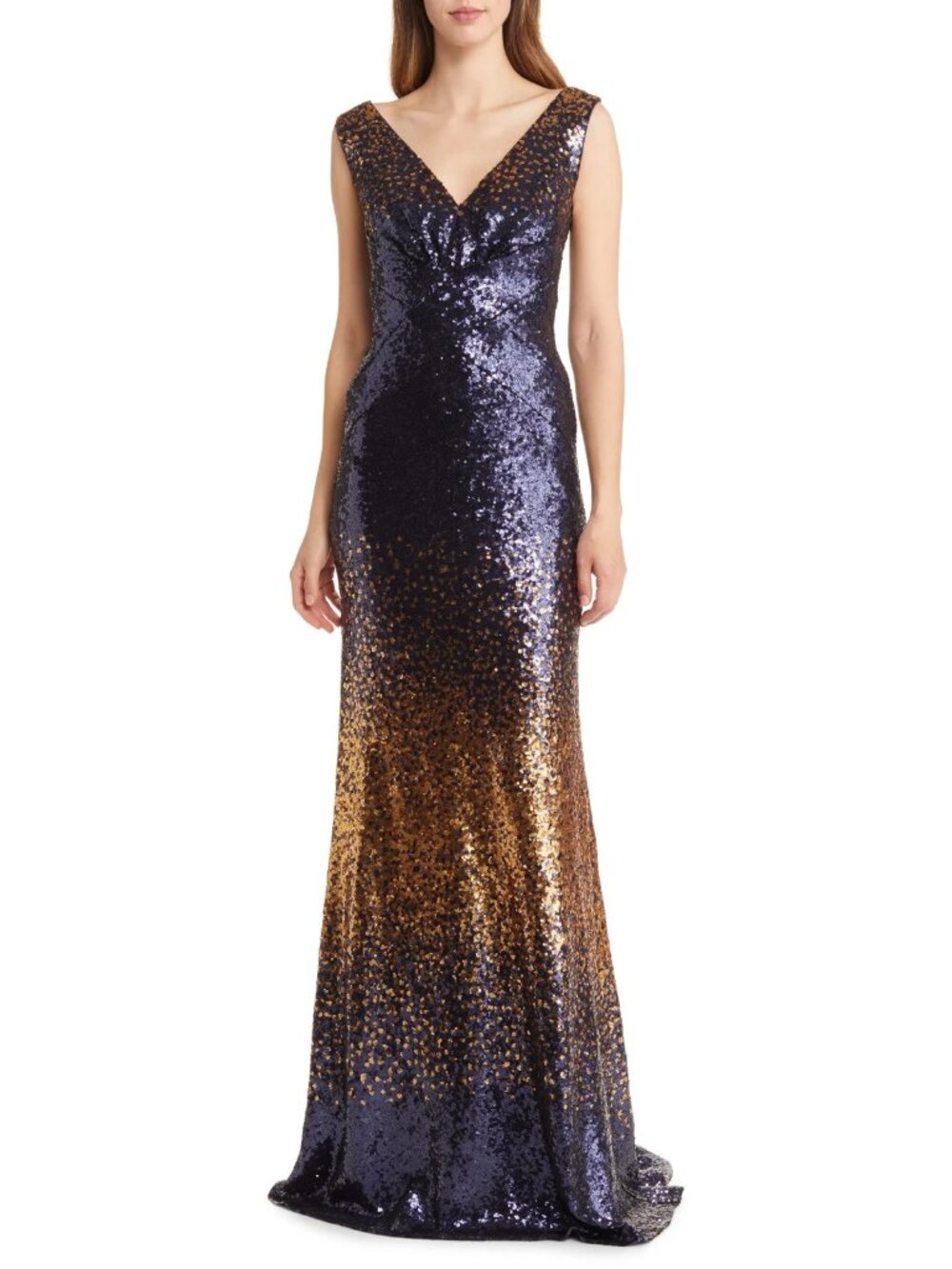 NWT TADASHI SHOJI Rafi Sequin Gown in Navy Gold Ombre Maxi Dress M